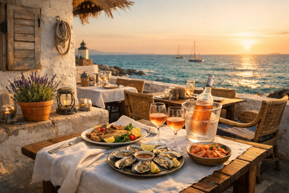 Terrasse de restaurant en bord de mer, coucher de soleil, plats de fruits de mer et ambiance méditerranéenne chaleureuse.