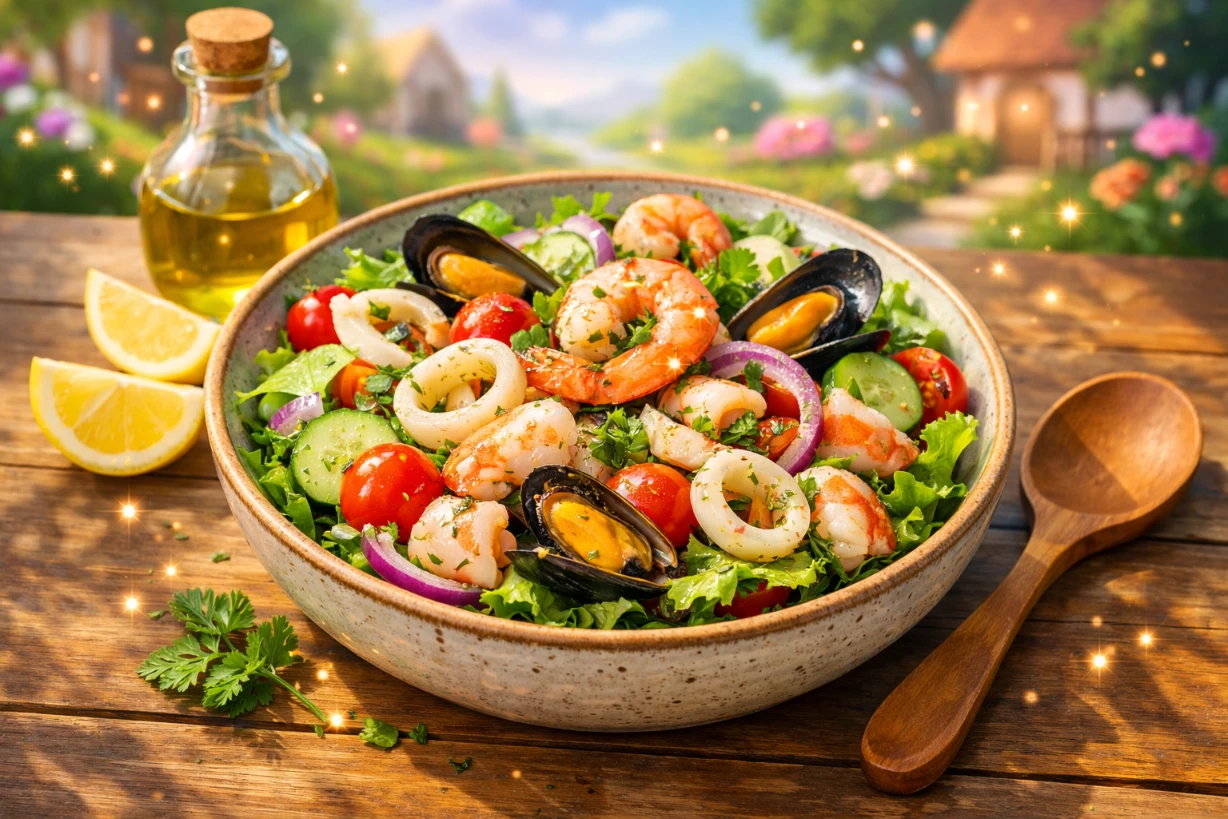 Salade de fruits de mer avec crevettes, moules et calamars, dressée dans un bol rustique lumineux.