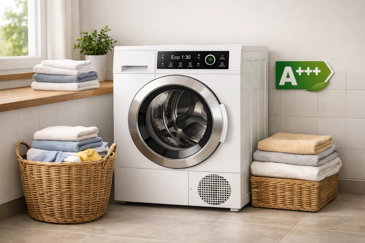 Sèche-linge pompe à chaleur A+++ moderne dans une buanderie lumineuse avec panier de linge et serviettes.