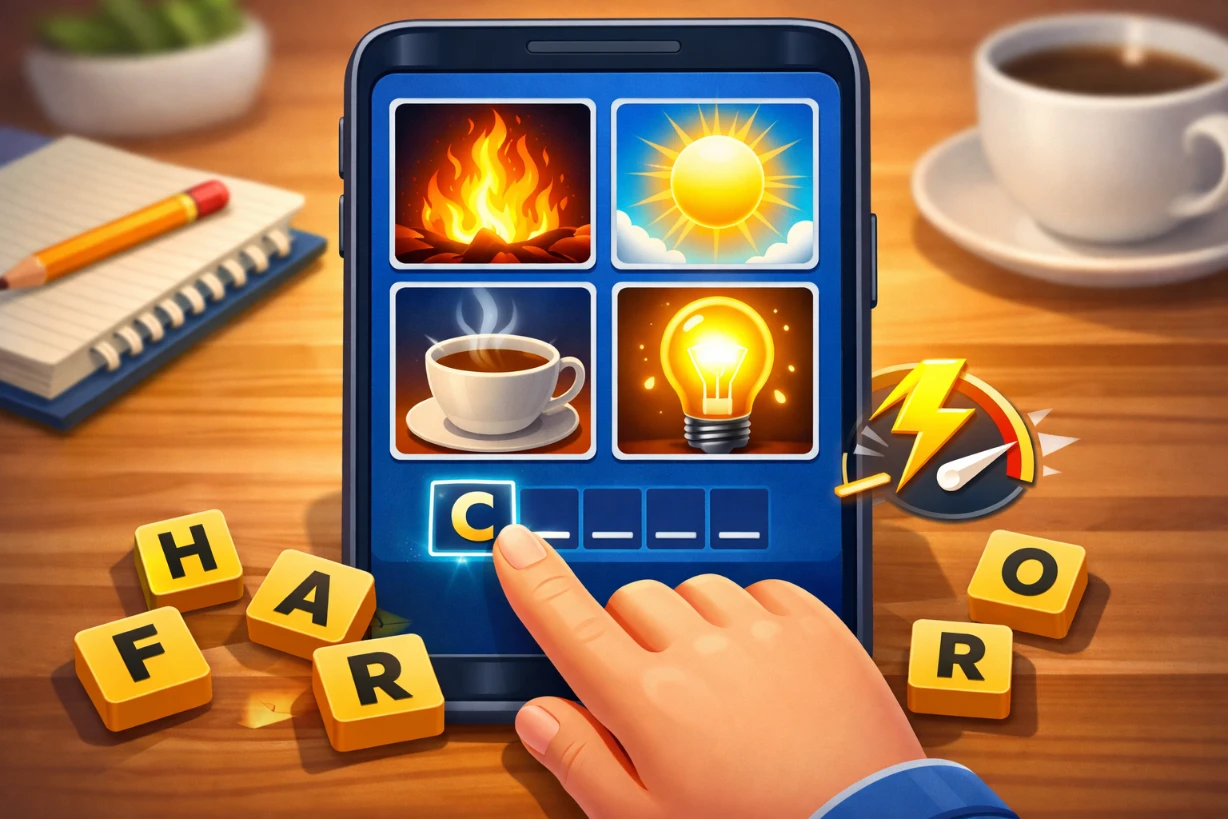 Jeu mobile de type 4 images 1 mot sur smartphone, quatre images indices et lettres pour trouver un mot rapide.