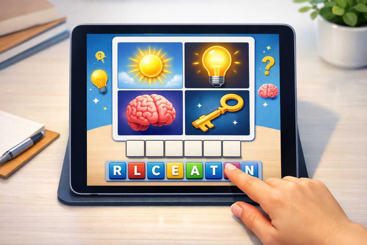 Écran de smartphone affichant le jeu “4 images 1 mot” avec quatre images et un mot de 5 lettres.