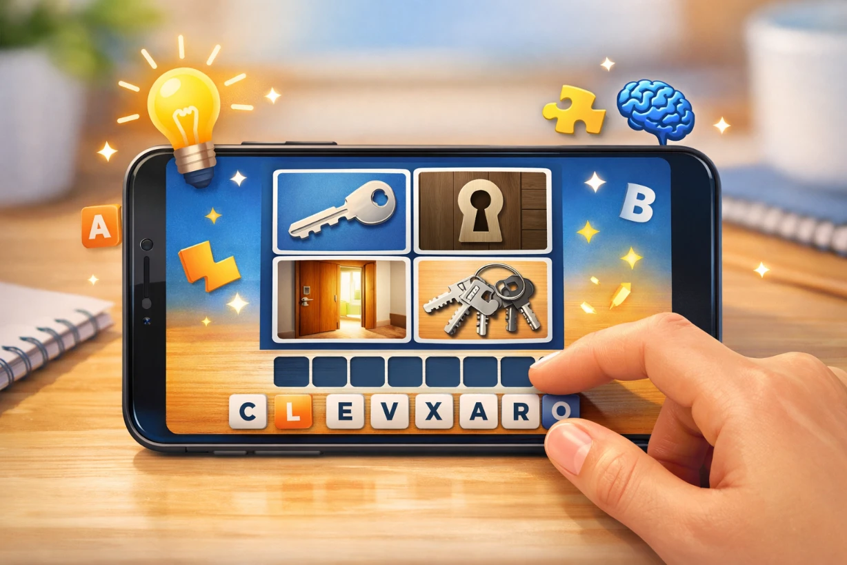 Smartphone affichant un puzzle 4 images 1 mot, main choisissant une lettre pour trouver un mot de 6 lettres.