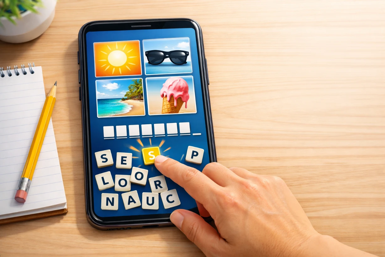 Puzzle « 4 images 1 mot » sur smartphone avec 7 lettres, interface de jeu et main prête à choisir une lettre.