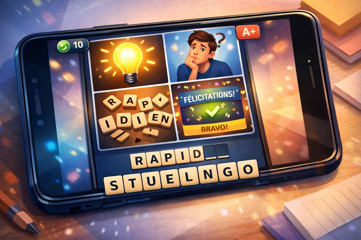 Jeu mobile 4 Images 1 Mot affiché sur smartphone avec grille d’images, lettres et solution du puzzle.