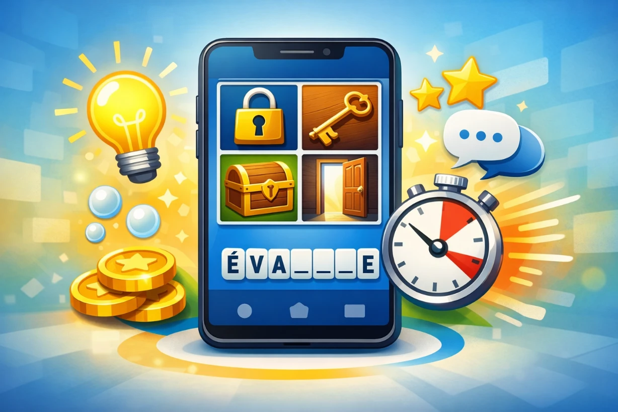 Illustration d’un smartphone avec puzzle 4 images 1 mot, cases de 9 lettres et icônes d’aide colorées autour.