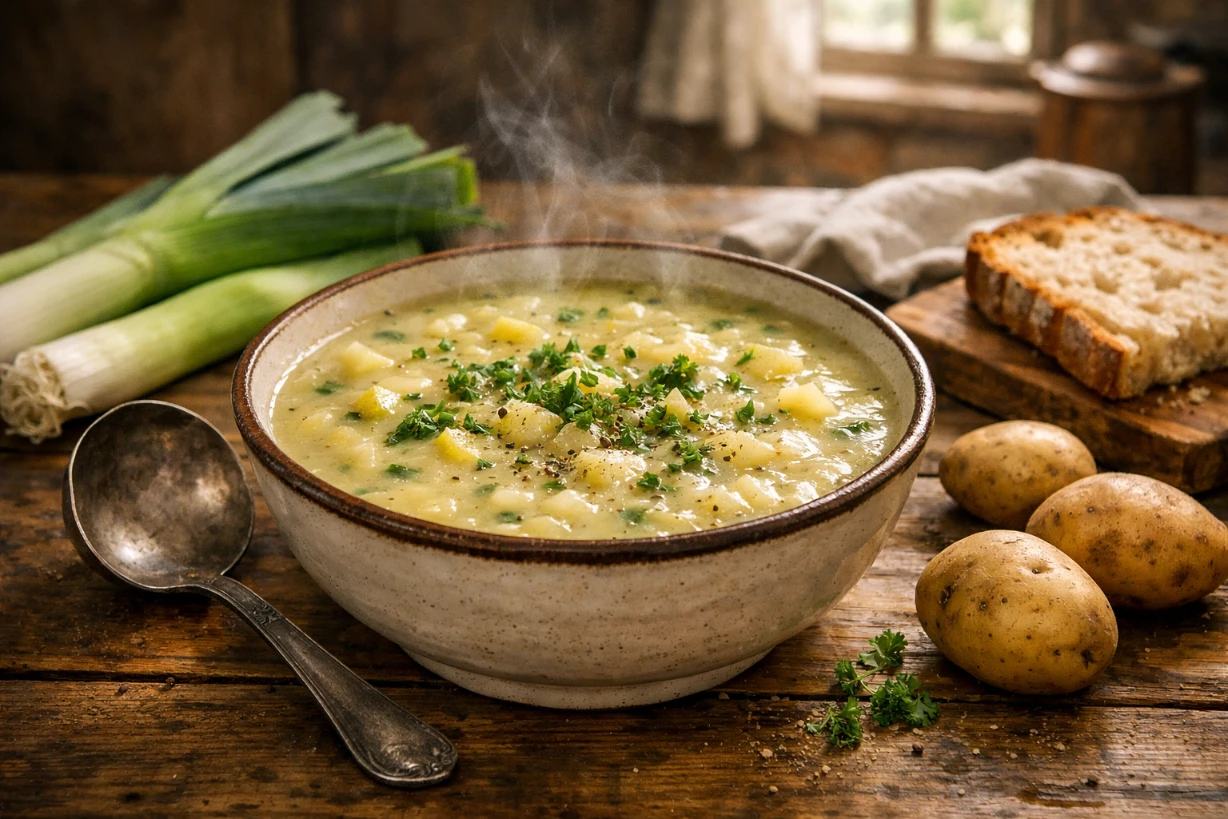 Bol rustique de soupe poireaux pommes de terre maison, servi chaud sur table en bois avec pain et légumes frais.