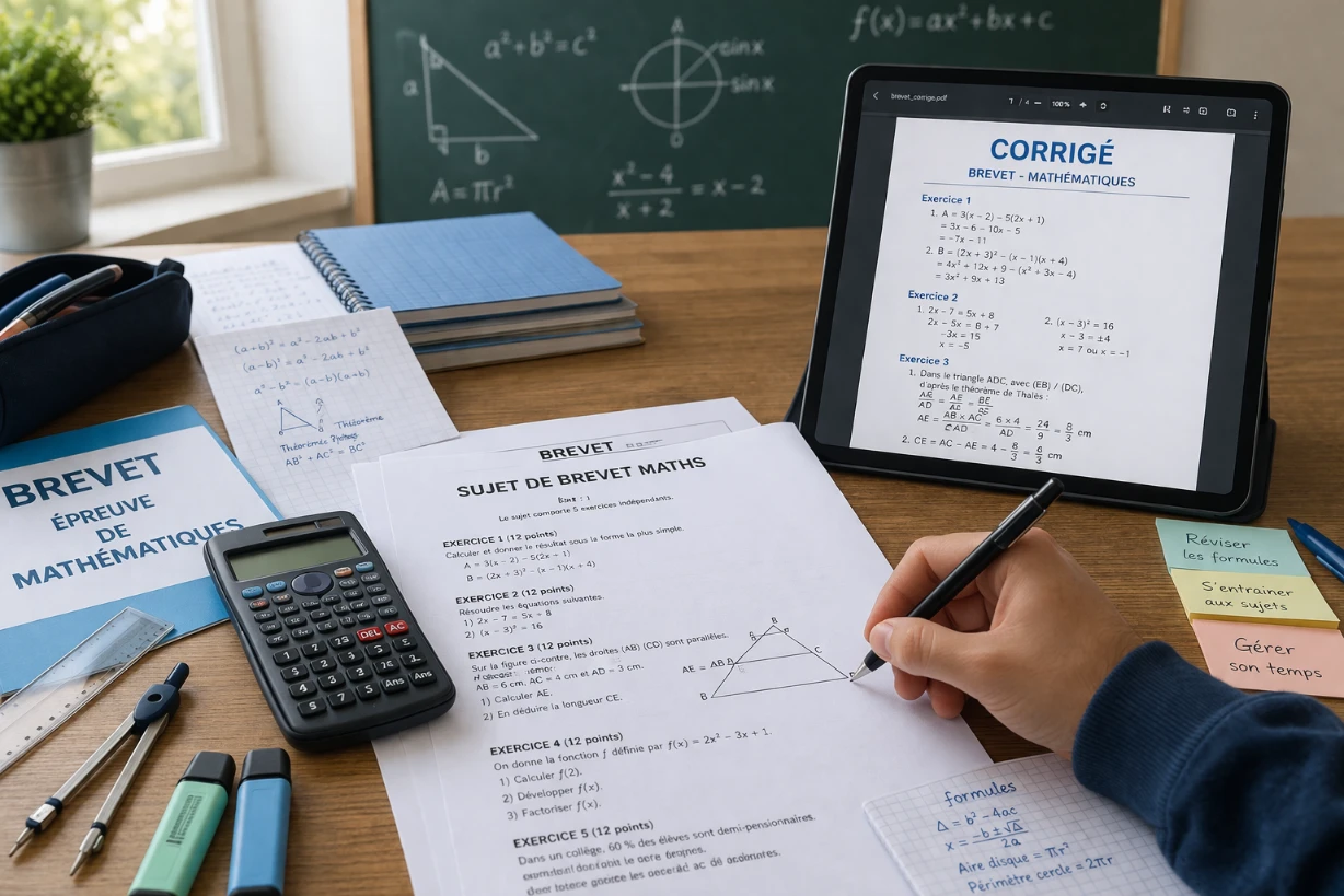 Bureau d’élève avec sujet de brevet maths et corrigé sur tablette, en pleine révision.