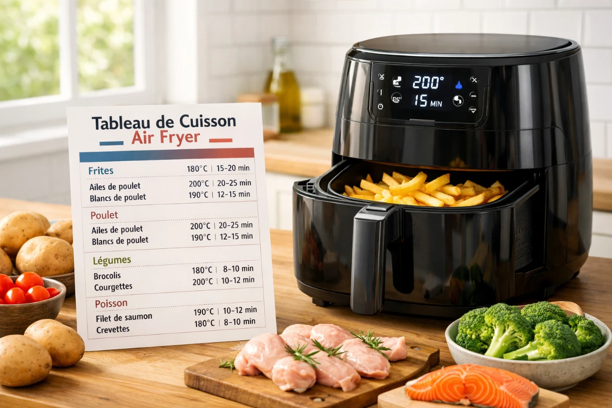 Air fryer avec tableau de cuisson en français posé sur un plan de travail dans une cuisine moderne.
