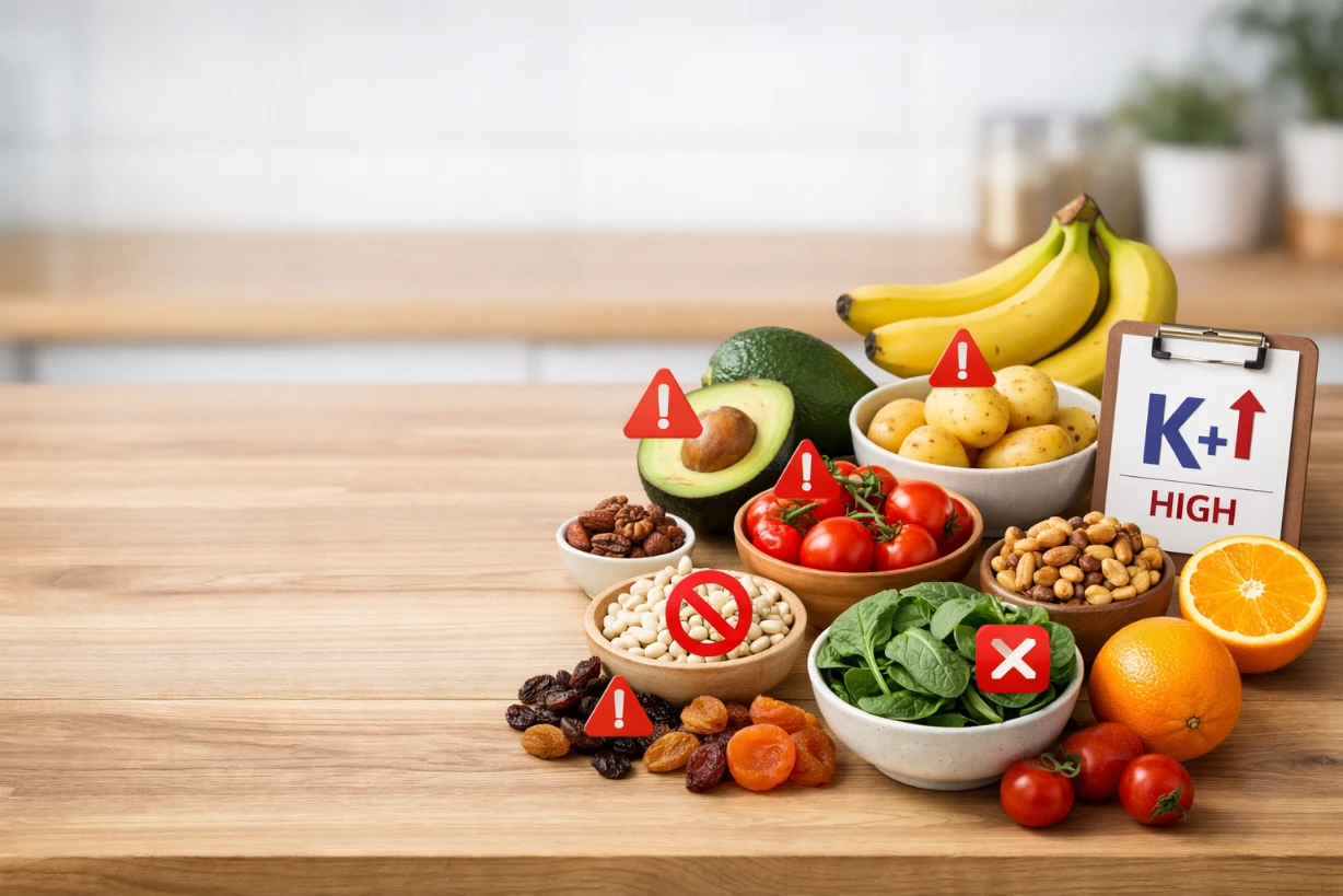 Aliments riches en potassium comme banane, avocat et épinards avec symbole d’avertissement K+ élevé.