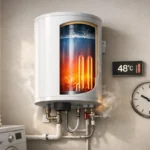 Chauffe-eau 200L mural avec vue interne des résistances chauffantes et indicateur de température.