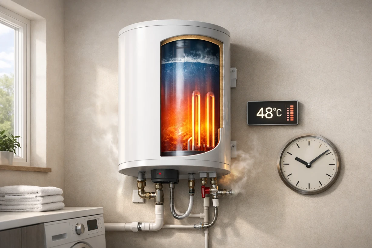 Chauffe-eau 200L mural avec vue interne des résistances chauffantes et indicateur de température.