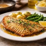 Raie poêlée dorée, beurre noisette, persil et citron, servie avec légumes en cuisine claire fine.