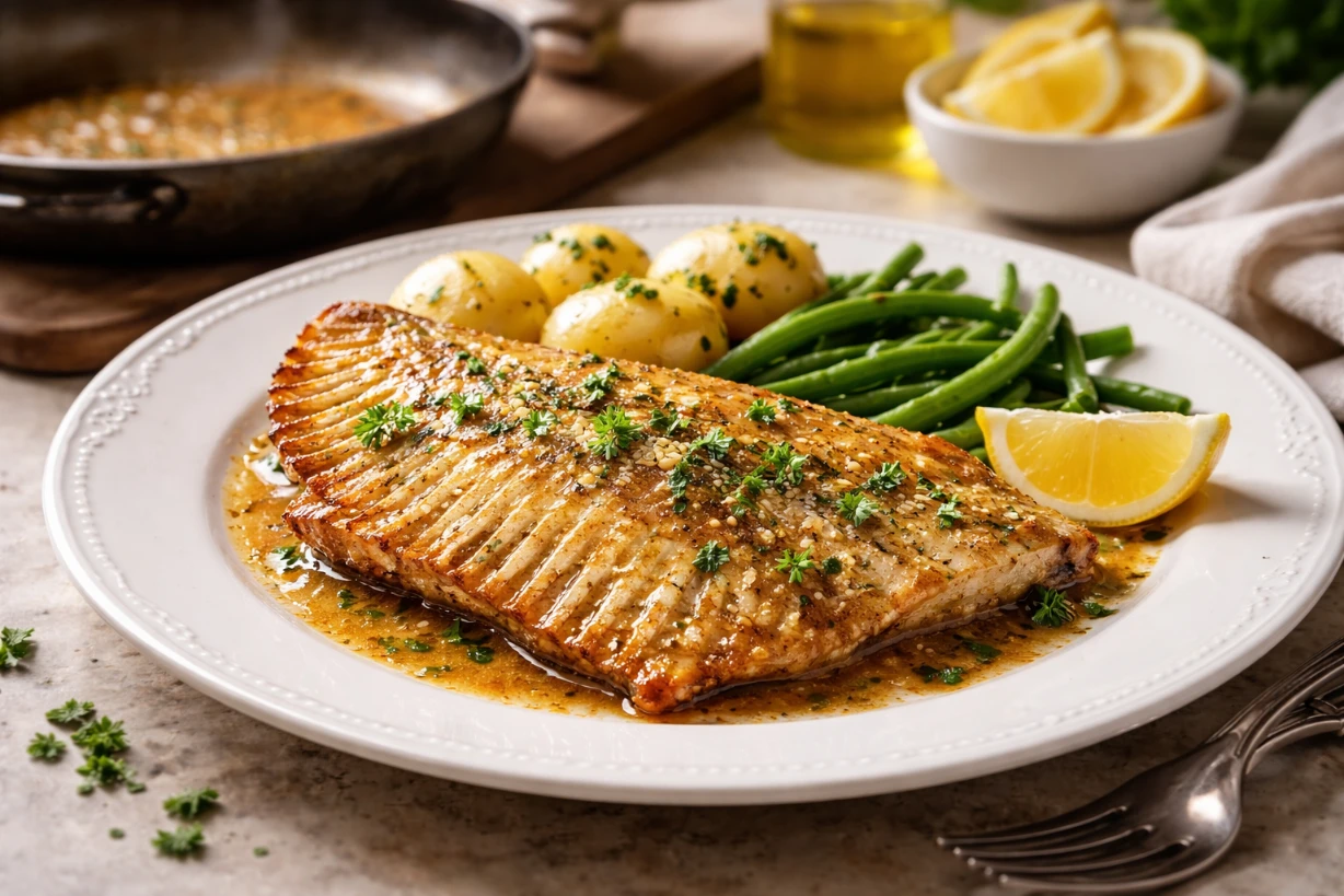 Raie poêlée dorée, beurre noisette, persil et citron, servie avec légumes en cuisine claire fine.