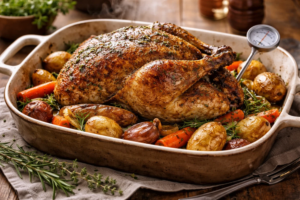 Pintade rôtie dorée au four avec légumes caramélisés, herbes et vapeur appétissante en cuisine.