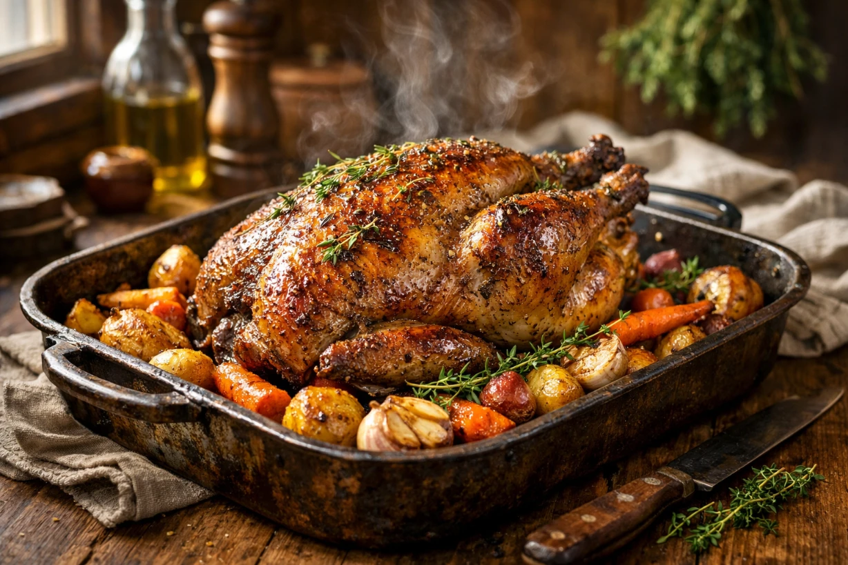 Pintade rôtie croustillante de 2 kg avec pommes de terre, carottes et herbes dans un plat rustique.