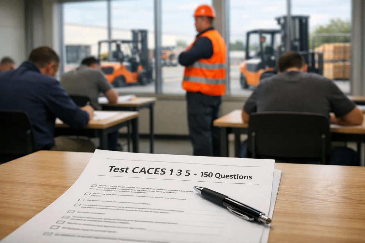 Formation CACES en salle avec test écrit, instructeur et chariots élévateurs visibles à l’extérieur.