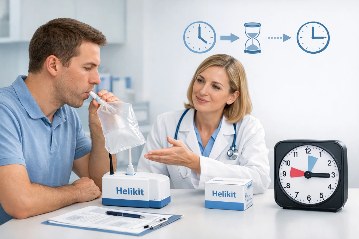 Test Helikit: patient soufflant dans un sac pour détecter Helicobacter pylori en clinique.