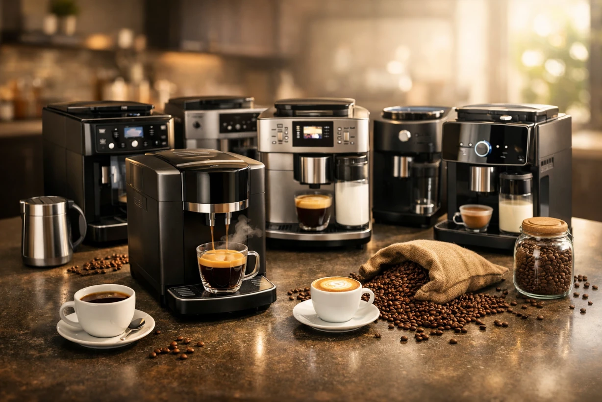 Machines à café à grain modernes alignées, espresso en préparation, ambiance cuisine chaleureuse.