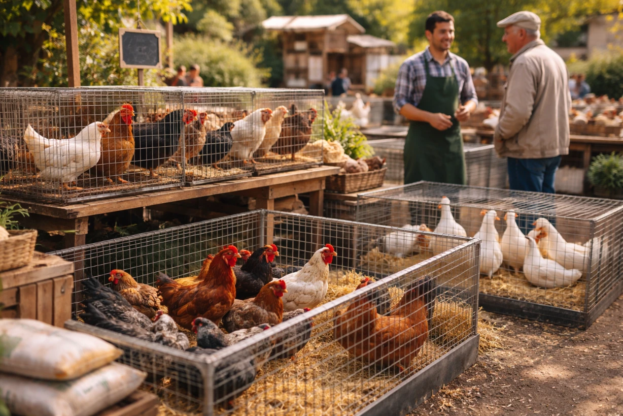 Marché de volaille vivante en plein air avec poules, canards et vendeur accueillant.