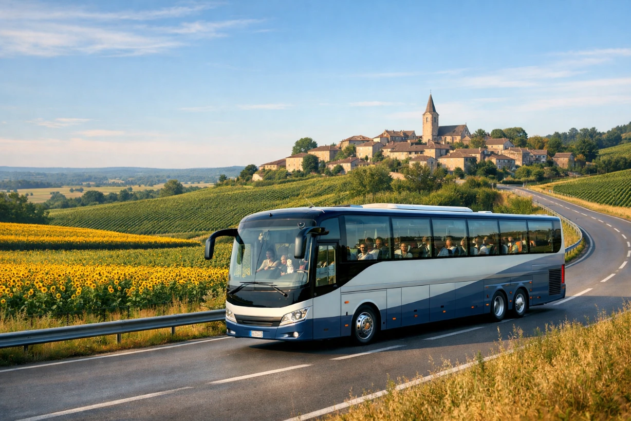 Autocar touristique roulant sur une route de campagne en France, entouré de vignobles et villages pittoresques.