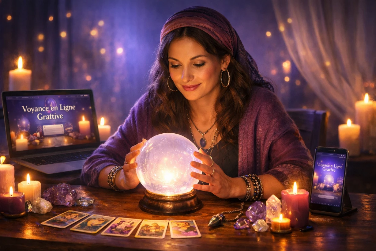 Voyante souriante consultant une boule de cristal avec tarot et bougies, symbolisant la voyance gratuite en ligne.