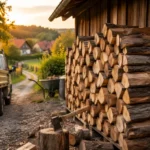 Bûches de bois de chauffage empilées près d’un abri rural, lumière chaude de fin de journée.