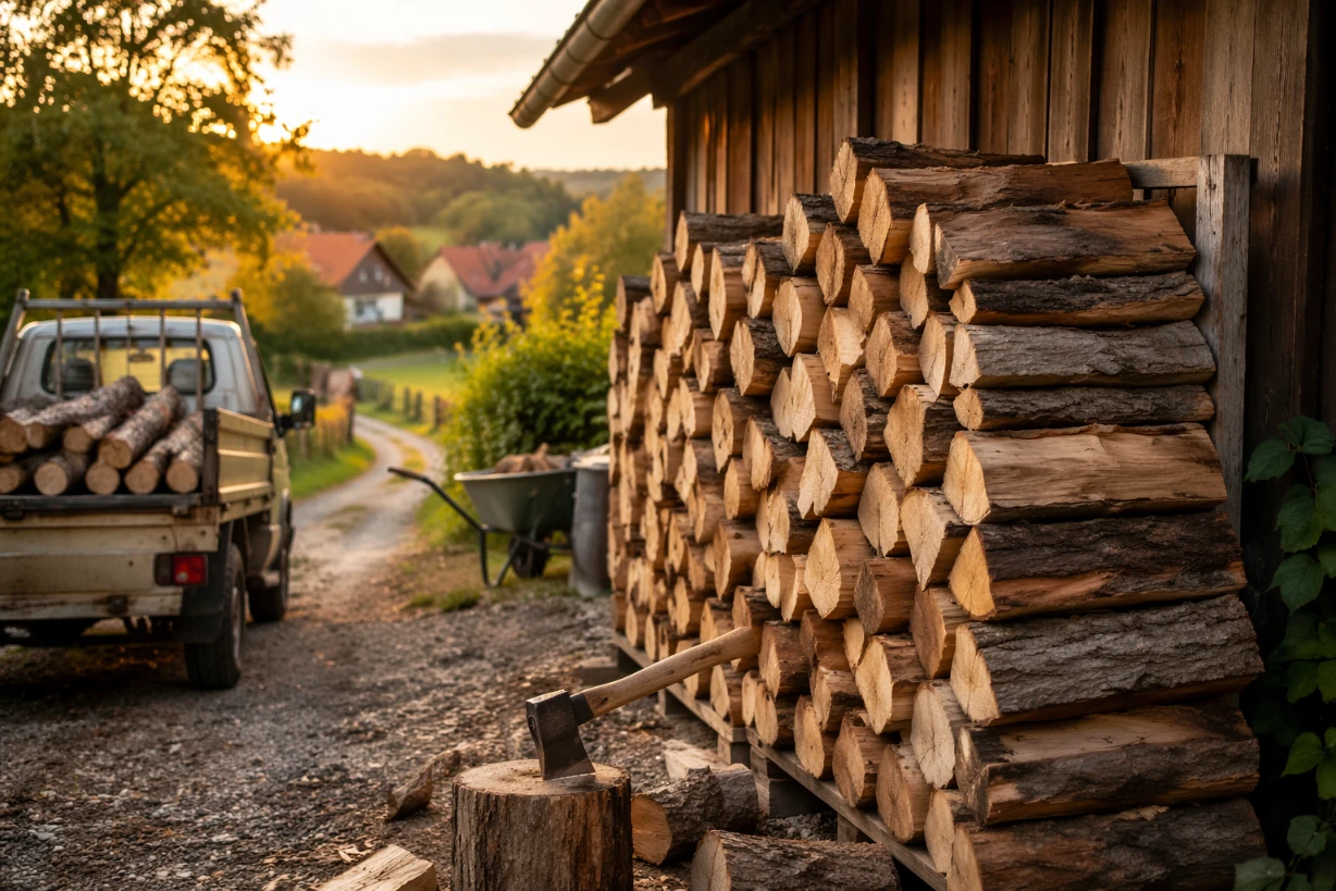 Bûches de bois de chauffage empilées près d’un abri rural, lumière chaude de fin de journée.