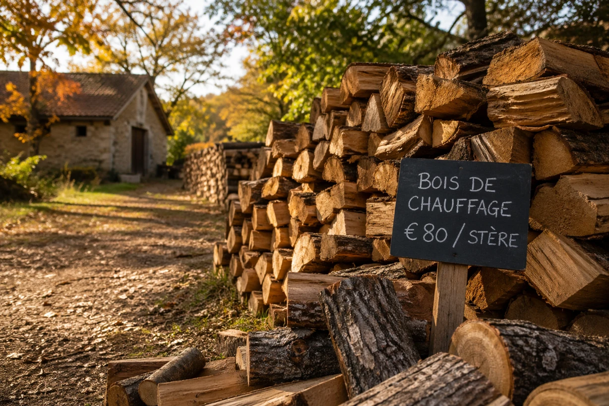 Bûches de bois empilées près d’une maison, avec pancarte de prix dans un décor automnal chaleureux.
