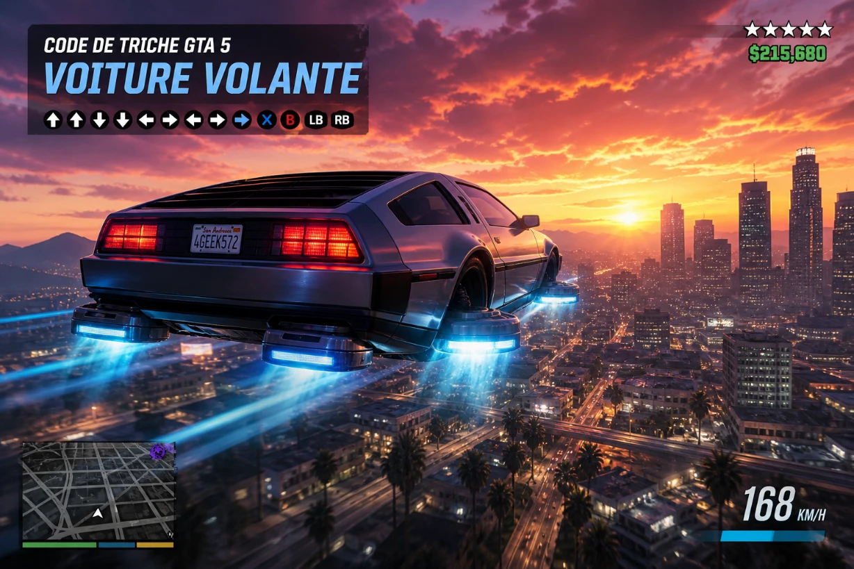 Voiture sportive volante au-dessus d’une ville moderne au coucher du soleil, style GTA réaliste.