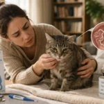 Propriétaire examine son chat à domicile, signes discrets de malaise et contrôle de santé attentif.