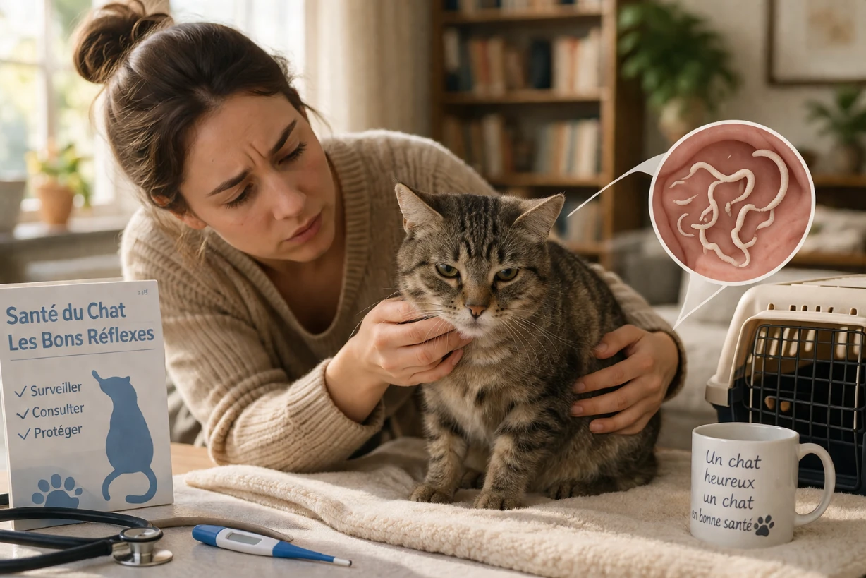 Propriétaire examine son chat à domicile, signes discrets de malaise et contrôle de santé attentif.