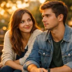 Jeune femme souriante regardant un homme pensif assis à ses côtés dans une ambiance romantique.