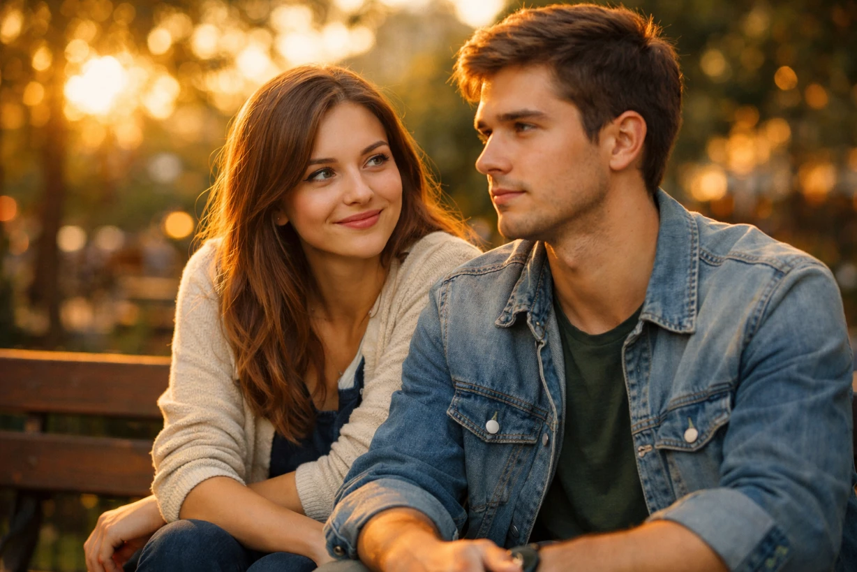 Jeune femme souriante regardant un homme pensif assis à ses côtés dans une ambiance romantique.