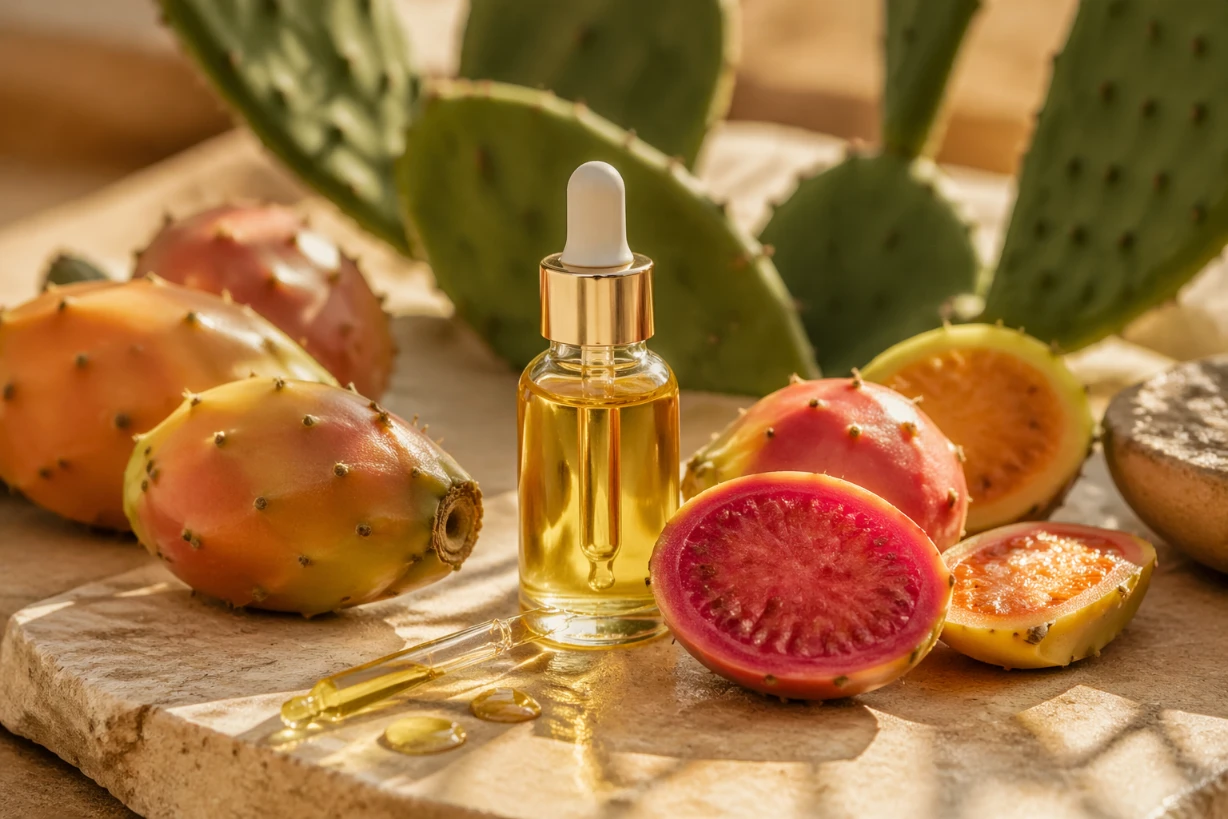 Flacon d’huile de figue de barbarie entouré de fruits frais sur fond naturel élégant.