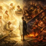 Vertus lumineuses face aux péchés sombres, figure humaine au centre entre lumière et obscurité.