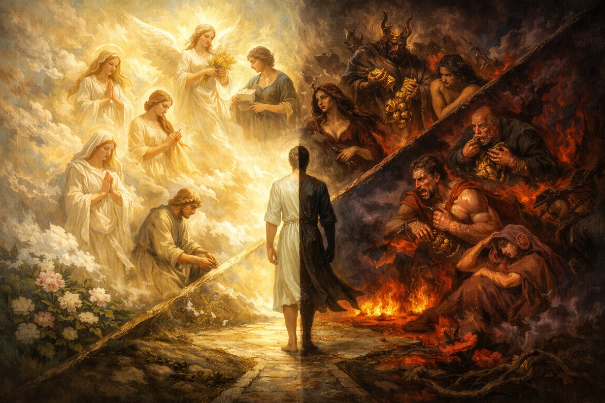 Vertus lumineuses face aux péchés sombres, figure humaine au centre entre lumière et obscurité.