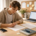 Adolescent de 17 ans rédigeant une lettre de motivation d’été à son bureau lumineux et organisé.