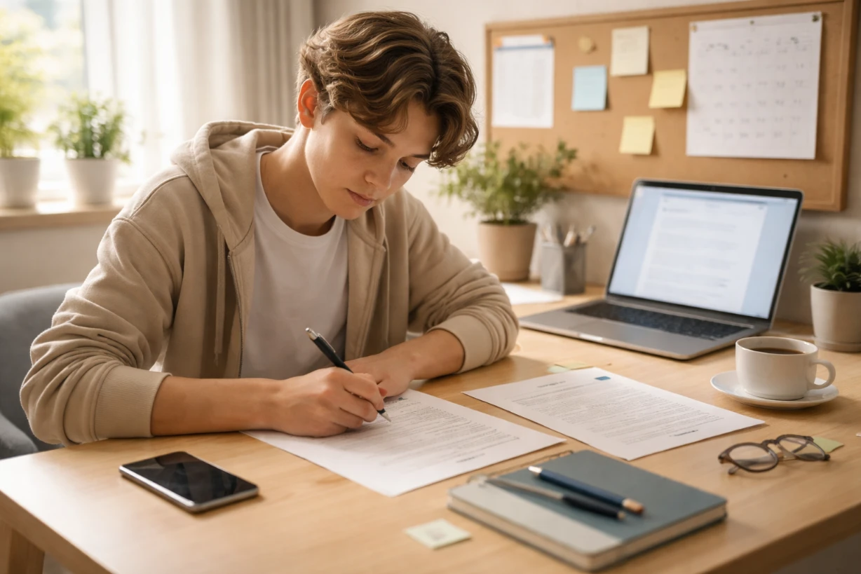 Adolescent de 17 ans rédigeant une lettre de motivation d’été à son bureau lumineux et organisé.