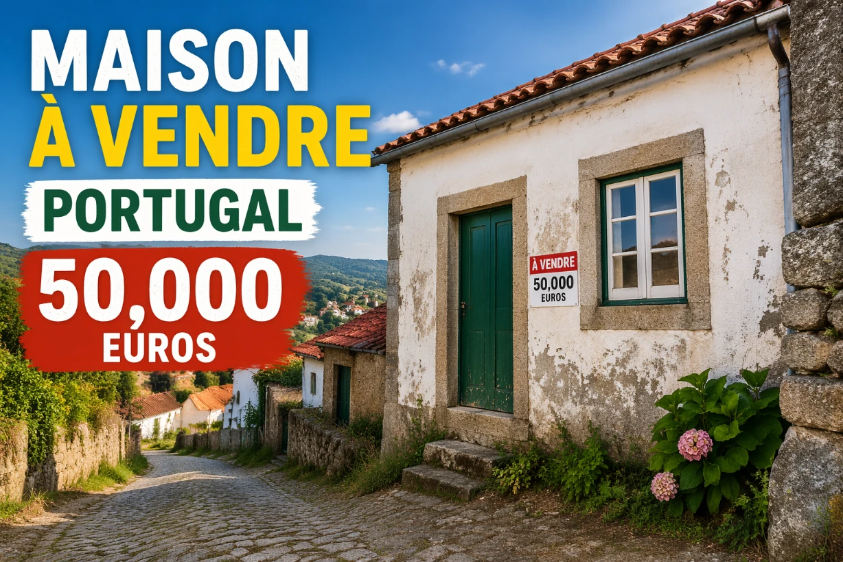 Maison portugaise simple avec façade blanche et toit rouge, située dans un village ensoleillé.