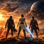 Trois héros face à bataille spatiale épique au coucher de soleil sur un désert futuriste.