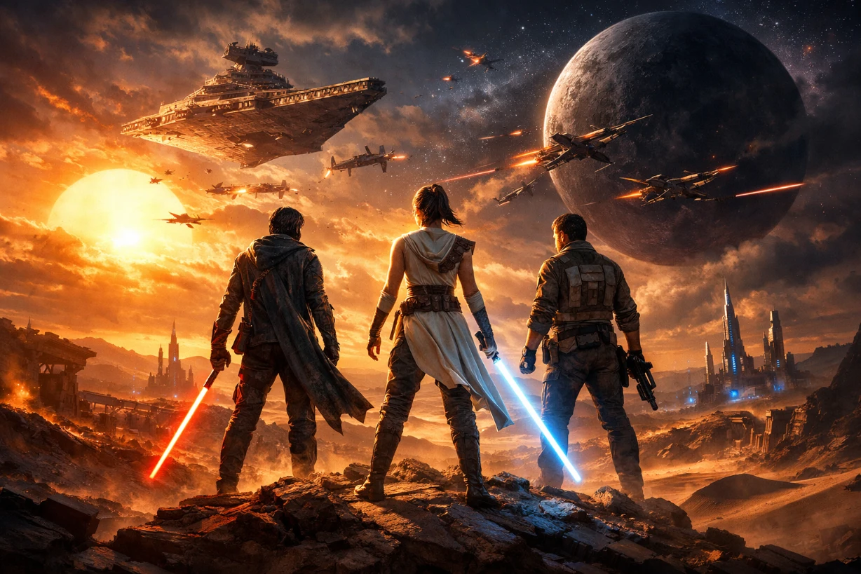 Trois héros face à bataille spatiale épique au coucher de soleil sur un désert futuriste.