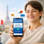 Personne souriante tenant un smartphone affichant un code RIO obtenu en ligne sans appel.
