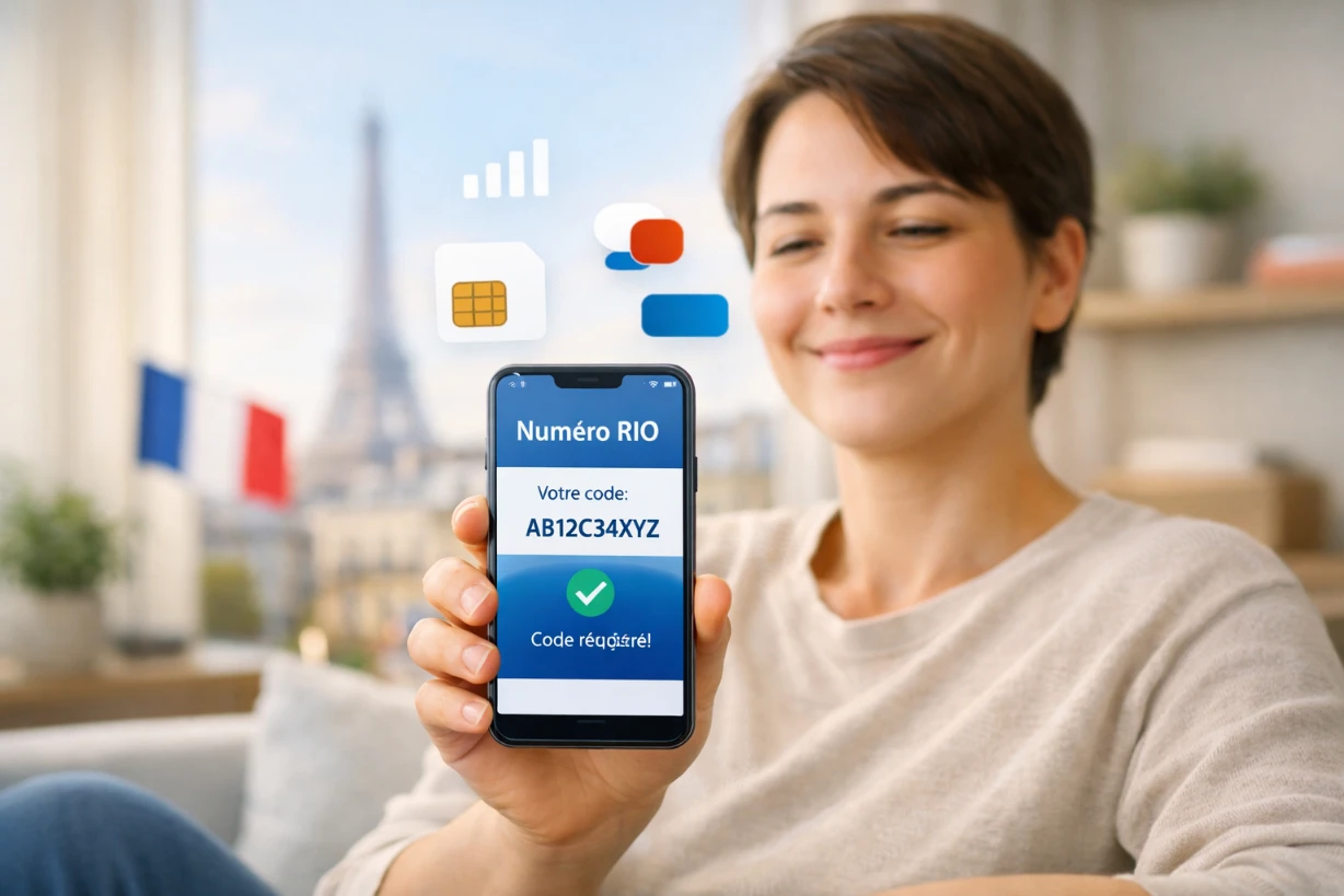 Personne souriante tenant un smartphone affichant un code RIO obtenu en ligne sans appel.