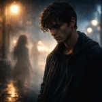 Jeune homme seul sous la pluie, éclairé par un lampadaire, ambiance nocturne mélancolique.