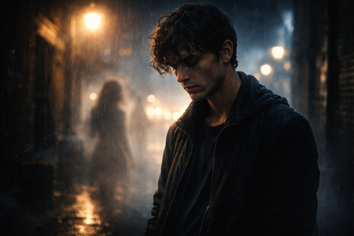 Jeune homme seul sous la pluie, éclairé par un lampadaire, ambiance nocturne mélancolique.