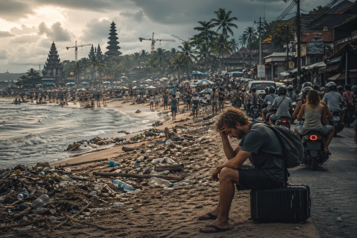 Plage de Bali surpeuplée et polluée, voyageur déçu face au surtourisme et au chaos ambiant.