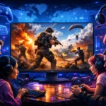 Illustration de joueurs du monde entier concentrés devant un écran montrant un jeu vidéo populaire.