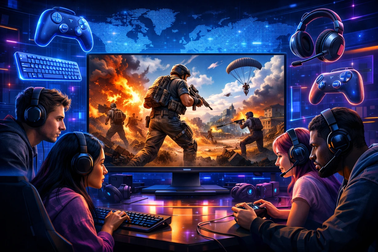 Illustration de joueurs du monde entier concentrés devant un écran montrant un jeu vidéo populaire.