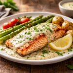 Filet de saumon au four nappé de sauce crémeuse, accompagné de légumes rôtis et citron frais.