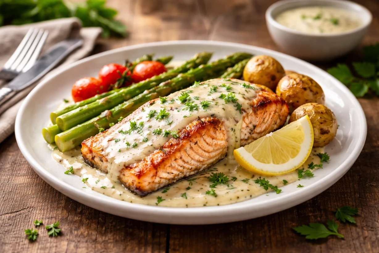 Filet de saumon au four nappé de sauce crémeuse, accompagné de légumes rôtis et citron frais.